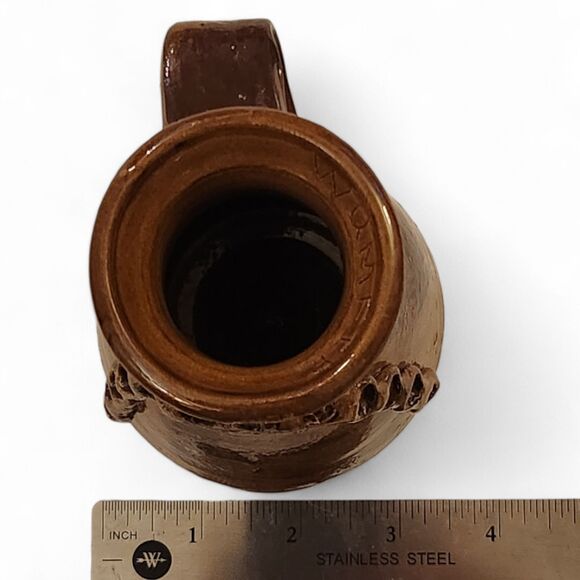 Vintage Handmade Pottery Pitcher Signed Brown Glazed Ceramic Jug Rustic Decor 5” - Picture 5 of 8